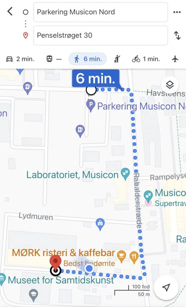 Ruten fra Musicon Nord til Penselstrøget 30 i Google Maps - 6 minutters gang