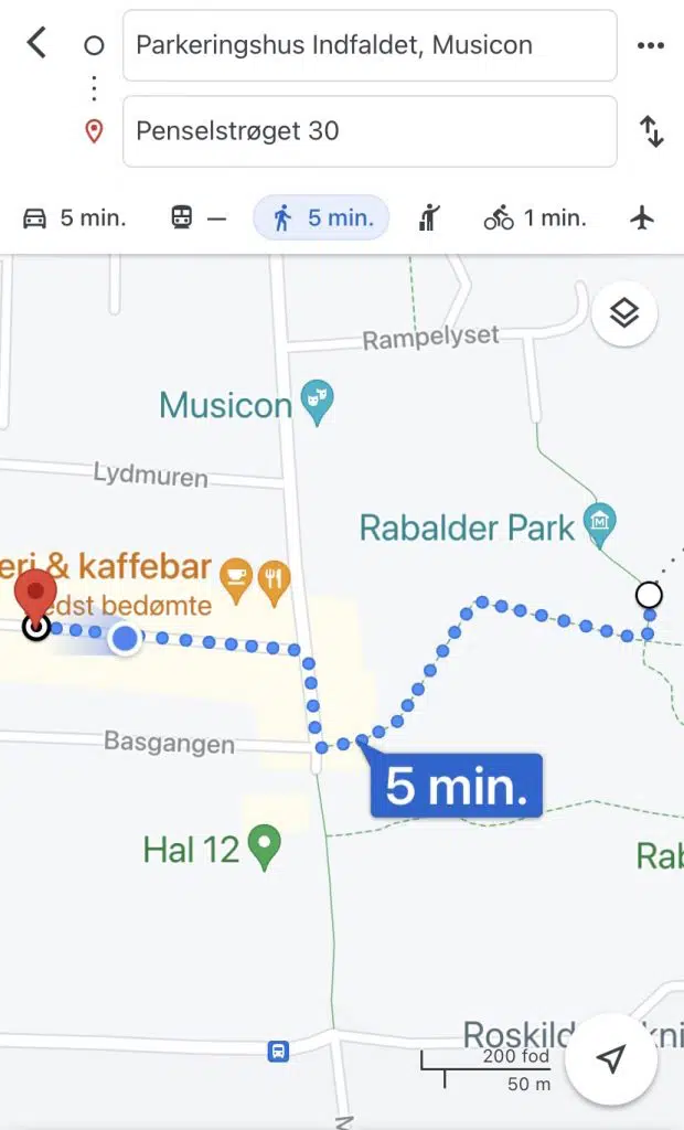 Ruten fra Parkeringshuset i Indfaldet til Penselstrøget 30 i Google Maps - 5 minutters gang
