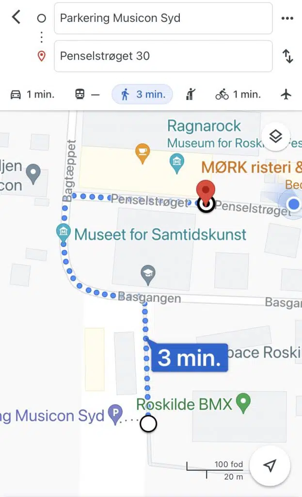 Ruten fra Musicon Syd til Penselstrøget 30 i Google Maps - 3 minutters gang